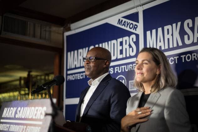 June 26, 2023, Toronto, Ont, CANADA: Mark Saunders delivers his concession speech alongside his wife, Stacey, in Toronto on Monday, June 26, 2023. Olivia Chow, a former NDP parliamentarian and past city councillor, has been elected the next mayor of Toronto. Toronto CANADA - ZUMAc35_ 20230626_zaf_c35_124 Copyright: xTijanaxMartinx