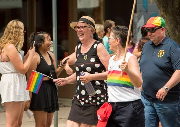 July 23, 2023, Fredericton, New Brunswick, CANADA: New BrunswicköÄÃ s Lieutenant Governor Brenda Murphy, center, walks with her partner Linda Boyle, right of center, in the 11th annual Fredericton Pride parade in Fredericton, New Brunswick on Sunday July 23, 2023. Fredericton CANADA - ZUMAc35_ 20230723_zaf_c35_041 Copyright: xStephenxMacgillivrayx