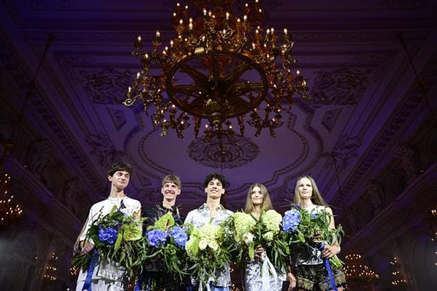 The final of the Schwarzkopf Elite Model Look 2023, world modeling competition, was held on August 30, 2023, in Prague, Czech Republic. On the photo pose winners, from left, Ukrainian Nikita Podovaylenko, Slovak Ivo Korcak, Czech Filip Kocabek, Slovakia Zuzana Kistyova and Czech Aneta Matuskova. (CTKxPhoto RomanxVondrous) CTKPhotoP2023083009199 CTKPhotoP2023083009199