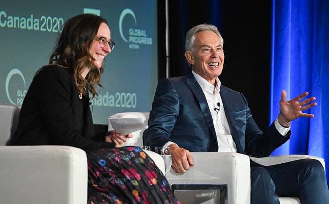 September 16, 2023, Montreal, PQ, Canada: Tony Blair, Former Prime Minister of the United Kingdom and Executive Chairman of the Tony Blair Institute for Global Change in conversation with Anna Gainey, Canadian Member of Parliament, during the Global Progress Action Summit in Montreal, Saturday, September 16, 2023. Montreal Canada - ZUMAc35_ 20230916_zaf_c35_052 Copyright: xGrahamxHughesx