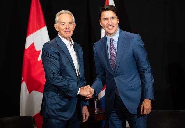 News Bilder des Tages September 16, 2023, Montreal, PQ, Canada: Prime Minister Justin Trudeau, right, takes part in a bilateral meeting with Tony Blair, Former Prime Minister of the United Kingdom and Executive Chairman of the Tony Blair Institute for Global Change, at the Global Progress Action Summit in Montreal, Saturday, September 16, 2023. Montreal Canada - ZUMAc35_ 20230916_zaf_c35_060 Copyright: xGrahamxHughesx