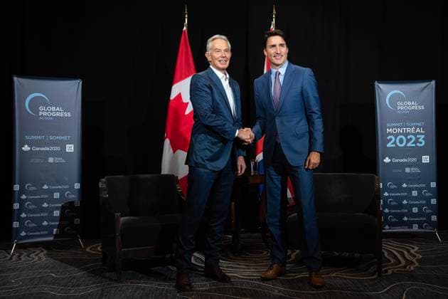 September 16, 2023, Montreal, PQ, Canada: Prime Minister Justin Trudeau, right, takes part in a bilateral meeting with Tony Blair, Former Prime Minister of the United Kingdom and Executive Chairman of the Tony Blair Institute for Global Change, at the Global Progress Action Summit in Montreal, Saturday, September 16, 2023. Montreal Canada - ZUMAc35_ 20230916_zaf_c35_061 Copyright: xGrahamxHughesx