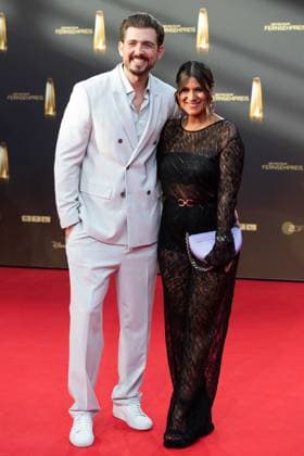 Stefanie BRUNGS, presenter, with husband Christian WACKERT, red carpet, red carpet show, arrival, arrival, award ceremony of the German Television Award, The German Television Award 2023, German Television Award 2023 in the MMC Studios Cologne, on 28 09 2023