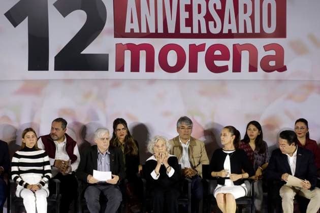 Claudia Sheinbaum Pardo, presidential candidate, celebrates the 12 years of her party October 2, 2023, Mexico City, Mexico: The president of the National Regeneration Movement party, Mario Delgado; the presidential candidate, Claudia Sheinbaum and the writer Elena Poniatowska, at the event of the 12th anniversary of the founding of the political party before militants and legislators at the Interactive Museum of Economy in Mexico City. on October 2, 2023 in Mexico City, Mexico (Photo by Luis Barron Eyepix Group). Copyright: xLuisxBarronx xEyepixxGroupx LB_20231002_MORENA1