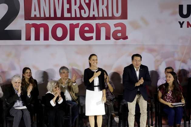 Claudia Sheinbaum Pardo, presidential candidate, celebrates the 12 years of her party October 2, 2023, Mexico City, Mexico: The president of the National Regeneration Movement party, Mario Delgado; the presidential candidate, Claudia Sheinbaum and the writer Elena Poniatowska, at the event of the 12th anniversary of the founding of the political party before militants and legislators at the Interactive Museum of Economy in Mexico City. on October 2, 2023 in Mexico City, Mexico (Photo by Luis Barron Eyepix Group). Copyright: xLuisxBarronx xEyepixxGroupx LB_20231002_MORENA3