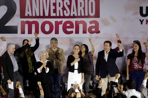 Claudia Sheinbaum Pardo, presidential candidate, celebrates the 12 years of her party October 2, 2023, Mexico City, Mexico: The president of the National Regeneration Movement party, Mario Delgado; the presidential candidate, Claudia Sheinbaum and the writer Elena Poniatowska, at the event of the 12th anniversary of the founding of the political party before militants and legislators at the Interactive Museum of Economy in Mexico City. on October 2, 2023 in Mexico City, Mexico (Photo by Luis Barron Eyepix Group). Copyright: xLuisxBarronx xEyepixxGroupx LB_20231002_MORENA5