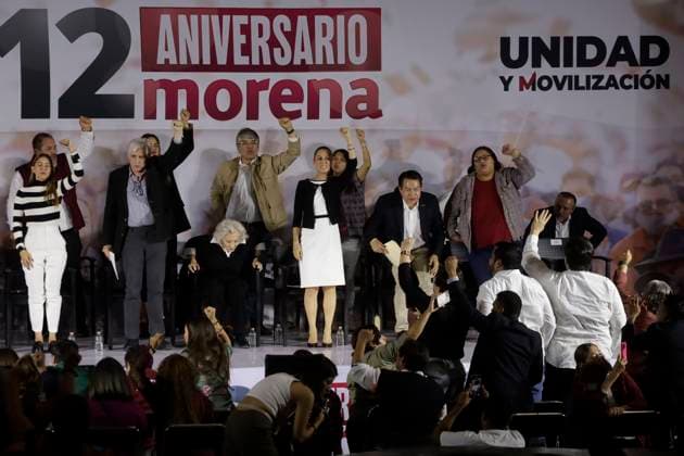 Claudia Sheinbaum Pardo, presidential candidate, celebrates the 12 years of her party October 2, 2023, Mexico City, Mexico: The president of the National Regeneration Movement party, Mario Delgado; the presidential candidate, Claudia Sheinbaum and the writer Elena Poniatowska, at the event of the 12th anniversary of the founding of the political party before militants and legislators at the Interactive Museum of Economy in Mexico City. on October 2, 2023 in Mexico City, Mexico (Photo by Luis Barron Eyepix Group). Copyright: xLuisxBarronx xEyepixxGroupx LB_20231002_MORENA7