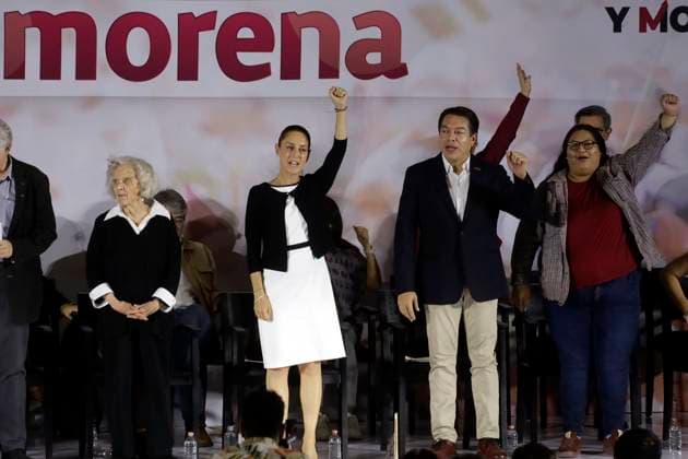 Claudia Sheinbaum Pardo, presidential candidate, celebrates the 12 years of her party October 2, 2023, Mexico City, Mexico: The president of the National Regeneration Movement party, Mario Delgado; the presidential candidate, Claudia Sheinbaum and the writer Elena Poniatowska, at the event of the 12th anniversary of the founding of the political party before militants and legislators at the Interactive Museum of Economy in Mexico City. on October 2, 2023 in Mexico City, Mexico (Photo by Luis Barron Eyepix Group). Copyright: xLuisxBarronx xEyepixxGroupx LB_20231002_MORENA8