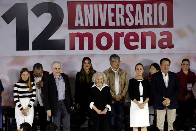 Claudia Sheinbaum Pardo, presidential candidate, celebrates the 12 years of her party October 2, 2023, Mexico City, Mexico: The president of the National Regeneration Movement party, Mario Delgado; the presidential candidate, Claudia Sheinbaum and the writer Elena Poniatowska, at the event of the 12th anniversary of the founding of the political party before militants and legislators at the Interactive Museum of Economy in Mexico City. on October 2, 2023 in Mexico City, Mexico (Photo by Luis Barron Eyepix Group). Copyright: xLuisxBarronx xEyepixxGroupx LB_20231002_MORENA15