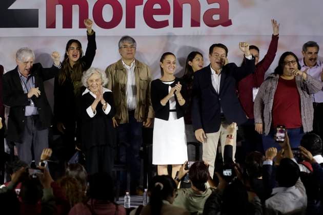 Claudia Sheinbaum Pardo, presidential candidate, celebrates the 12 years of her party October 2, 2023, Mexico City, Mexico: The president of the National Regeneration Movement party, Mario Delgado; the presidential candidate, Claudia Sheinbaum and the writer Elena Poniatowska, at the event of the 12th anniversary of the founding of the political party before militants and legislators at the Interactive Museum of Economy in Mexico City. on October 2, 2023 in Mexico City, Mexico (Photo by Luis Barron Eyepix Group). Copyright: xLuisxBarronx xEyepixxGroupx LB_20231002_MORENA16