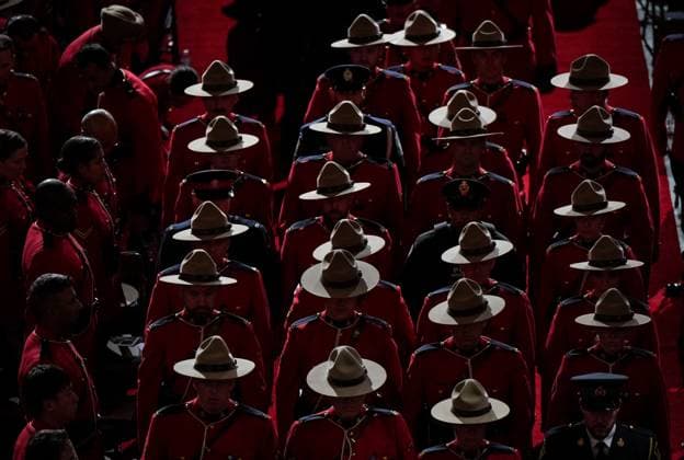 October 4, 2023, LANGLEY, BC, CANADA: RCMP officers depart after a regimental funeral for RCMP Const. Rick O Brien in Langley, B.C., on Wednesday, October 4, 2023. O Brien, 51, was killed last month while executing a search warrant at a home in Coquitlam. LANGLEY CANADA - ZUMAc35_ 20231004_zaf_c35_105 Copyright: xDarrylxDyckx