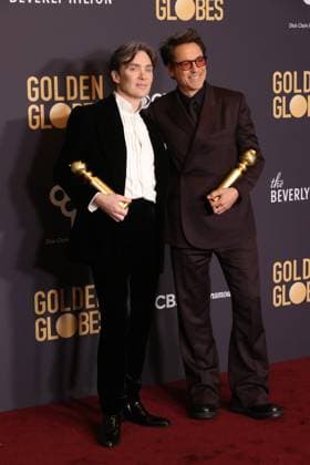 January 7, 2024, Beverly Hills, CA, USA: (L-R) Cillian Murphy, winner of the Best Performance by a Male Actor in a Motion Picture †Drama for Oppenheimer, and Robert Downey Jr., winner of the Best Performance by a Male Actor in a Supporting Role in any Motion Picture award for Oppenheimer, pose in the press room during the 81st Annual Golden Globe Awards at The Beverly Hilton on January 07, 2024 in Beverly Hills, California. Beverly Hills USA - ZUMAs181 20240107_zea_s181_413 Copyright: xCraSHx
