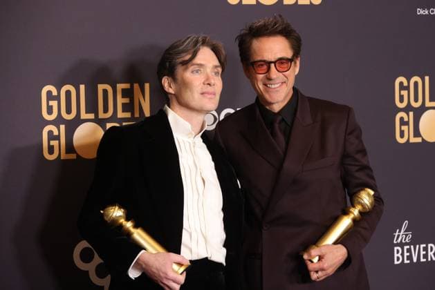 January 7, 2024, Beverly Hills, CA, USA: (L-R) Cillian Murphy, winner of the Best Performance by a Male Actor in a Motion Picture †Drama for Oppenheimer, and Robert Downey Jr., winner of the Best Performance by a Male Actor in a Supporting Role in any Motion Picture award for Oppenheimer, pose in the press room during the 81st Annual Golden Globe Awards at The Beverly Hilton on January 07, 2024 in Beverly Hills, California. Beverly Hills USA - ZUMAs181 20240107_zea_s181_415 Copyright: xCraSHx