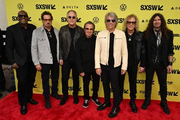 March 14, 2024, Austin, Tx, United States of America: Bon Jovi band members (L-R) EVERETT BRADLEY. JOHN SHANKS, HUGH MCDONALD, TICO TORRES, JON BON JOVI, DAVID BRYAN, and PHIL X on the red carpet for the premier of Thank You, Goodnight: The Bon Jovi Story during the South by Southwest Film and Music Festival on March 14, 2024 at the Paramount Theater in Austin, Texas. Austin United States of America - ZUMAw132 20240314_zap_w132_034 Copyright: xTomxWalkox