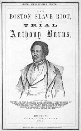 USA: Report on The Boston Slave Riot and Trial of Anthony Burns , Boston, 1854 Anthony Burns (31 May 1834 17 July 1862) was born a slave in Stafford County, Virginia. As a young man, he became a Baptist and a slave preacher at the Falmouth Union Church in Falmouth, Virginia. In 1853 he escaped from slavery and reached Boston, where he started working.<br ><br > The following year, he was captured under the Fugitive Slave Act of 1850 and tried under the law in Boston. The law was fiercely resisted in Boston, and the case attracted national publicity, large demonstrations, protests and an attack on US Marshals at the courthouse. Federal troops were used to ensure Burns was transported to a ship for return to Virginia after the trial.< Copyright: xxPicturesxFromxHistoryx