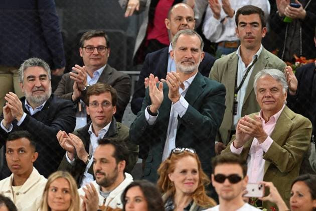 King Felipe VI At The Mutua Madrid Open President of the Consejo Superior de Deportes, Jose Manuel Rodriguez Uribes, the Mayor of Madrid, Jose Luis Martinez-Almeida, King Felipe and the CEO of Mutua Madrilena, Ignacio Garralda, during Rafa Nadal s match at the Mutua Madrid Open, on April 27, 2024, in Madrid, Spain. Photo by Jose Oliva Europa Press ABACAPRESS.COM Madrid Spain Copyright: xEuropaxPress ABACAx