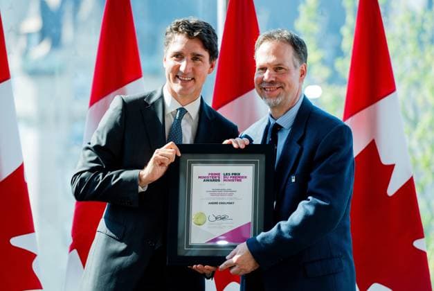June 18, 2024, Ottawa, On, Canada: Prime Minister Justin Trudeau, left, presents teacher Andro Cholmsky of Collo¨ge Villa Maria in Montreal, Que., during the Prime Minister s Awards for Teaching Excellence and Teaching Excellence in STEM in Ottawa, on Tuesday, June 18, 2024. Ottawa Canada - ZUMAc35_ 20240618_zaf_c35_131 Copyright: xSpencerxColbyx