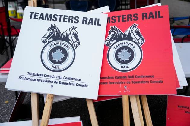 August 22, 2024, Smiths Falls, Ontario, Canada: Teamsters Rail placards sit in a pile at a Canadian Pacific Kansas City (CPKC) rail yard in Smiths Falls, Ont., on Thursday, Aug. 22, 2024. In the culmination of months of increasingly bitter negotiations, Canadian National Railway Co. and Canadian Pacific Kansas City Ltd. locked out 9,300 engineers, conductors and yard workers after the parties failed to agree on a new contract before the midnight deadline. Smiths Falls Canada - ZUMAc35_ 20240822_zaf_c35_023 Copyright: xSeanxKilpatrickx