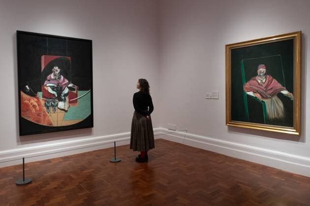 Francis Bacon: Human Presence Photo Call at National Portrait Gallery, London A staff member views (L) Study for Portrait (with Two Owls), 1963 and (R) Study for a Pope I , 1961 by Francis Bacon as part of The National Portrait Gallery s Francis Bacon: Human Presence Exhibition which runs from 10 Octoberl 2024 - 19 Jan 2025 at National Portrait Gallery in London, England, UK on Wednesday 9 October, 2024., Credit:Justin Ng Avalon UK, England, London, National Portrait Gallery Copyright: xJustinxNgx xAvalonx 0918624043