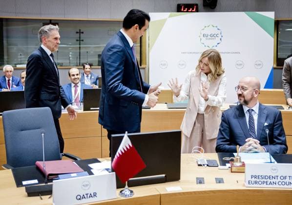 Brüssel, Gipfeltreffen zwischen der EU und dem Golf-Kooperationsrat GCC BRUSSELS - (VLNR) Prime Minister Dick Schoof, Tamim bin Hamad al-Thani, Emir of Qatar, Georgia Meloni, Prime Minister of Italy, and Charles Michel, President European Council, at the first summit between the European Union and the Gulf Cooperation Council (GCC). The summit provided an opportunity for the EU to get further acquainted with the GCC and its member states United Arab Emirates, Bahrain, Saudi Arabia, Oman, Qatar and Kuwait. ANP REMKO DE WAAL netherlands out - belgium out Copyright: xx x511020174x originalFilename: 511020174.jpg