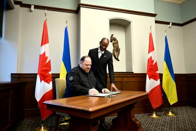 November 26, 2024, Ottawa, On, CAN: Ruslan Stefanchuk, Chairman of the Verkhovna Rada of Ukraine (parliament of Ukraine), participates in a signing with Speaker of the House of Commons Greg Fergus, in West Block on Parliament Hill in Ottawa, on Tuesday, Nov. 26, 2024. Ottawa CAN - ZUMAc35_ 20241126_zaf_c35_017 Copyright: xJustinxTangx
