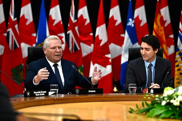 January 15, 2025, Ottawa, On, CAN: Premier of Ontario Doug Ford, chair of the Council of the Federation, speaks as Prime Minister Justin Trudeau listens, during a first ministers meeting in Ottawa, on Wednesday, Jan. 15, 2025. Ottawa CAN - ZUMAc35_ 20250115_zaf_c35_082 Copyright: xJustinxTangx