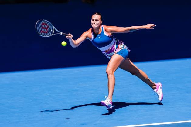 RECORD DATE NOT STATED MELBOURNE, AUSTRALIA - JANUARY 23: Aryna Sabalenka of Belarus plays Belinda Bencic of Switzerland on day 8 of the 2023 Australian Open at Melbourne Park on January 23, 2023 in Melbourne, Australia. , 49598704.jpg, Aryna Sabalenka, Australian Open 2023, Melbourne Park, action, australia, day, event, grand slam, melbourne, sport, summer, tennis, victoria, zsports, ztennis
