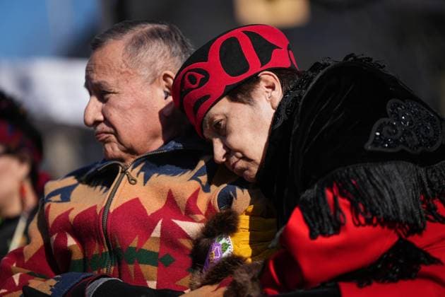 February 14, 2025, Vancouver, Bc, CANADA: Joan Phillip, right, B.C. Parliamentary Secretary for Community Development and Non-Profits, rests her head on the shoulder of her husband, Grand Chief Stewart Phillip, while listening to speeches before the annual Women s Memorial March, in Vancouver, on Friday, February 14, 2025. The march is held to honour missing and murdered Indigenous women and girls from the community with stops along the way to commemorate where women were last seen or found. Vancouver CANADA - ZUMAc35_ 20250214_zaf_c35_121 Copyright: xDarrylxDyckx