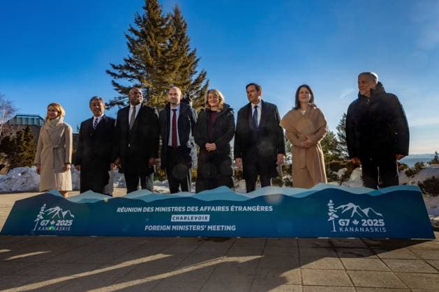 Kanada, Treffen der G7-Außenminister in Charlevoix March 13, 2025, La Malbaie, Pq, Canada: European Union foreign policy chief Kaja Kallas (left to right), Japan Foreign Minister Takeshi Iwaya, U.K. Foreign Secretary David Lammy, France Foreign Affairs Minister Jean-Noel Barrot, Canada Foreign Affairs Minister Melanie Joly, U.S. Secretary of State Marco Rubio, Germany Foreign Minister Annalena Baerbock, and Italy Foreign Minister Antonio Tajani at the G7 Foreign Ministers meeting (FMM) in La Malbaie, Que. on Thursday, March 13, 2025. La Malbaie Canada - ZUMAc35_ 20250313_zaf_c35_001 Copyright: xFrancisxVachonx