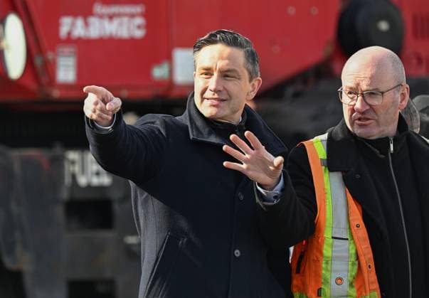 March 20, 2025, Saguenay, Pq, Canada: Conservative Leader Pierre Poilievre, left, speaks with Claude Gagne, director general of Fabric, a steel structure builder in Saguenay, Que., Thursday, March 20, 2025. Saguenay Canada - ZUMAc35_ 20250320_zaf_c35_008 Copyright: xJacquesxBoissinotx
