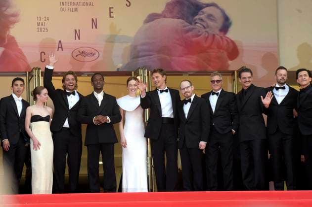 :Luke Grimes, Micheal Ward, Emma Stone, Austin Butler, Ari Aster, Joaquin Phoenix, Pedro Pascal and Clifton Collins attend the Eddington red carpet at the 78th annual Cannes Film Festival at Palais des Festivals in Cannes, France, on Friday, May 16, 2025. CAN20250516516 RoccoxSpaziani