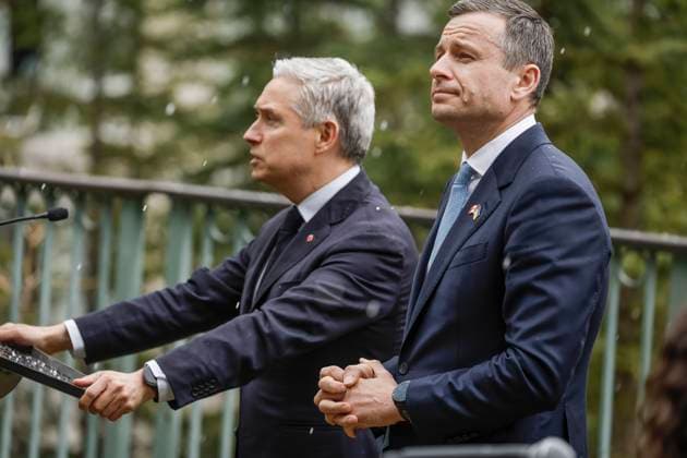 May 20, 2025, Banff, Ab, CANADA: Ukraine Minister of Finance, Sergii Marchenko, right, and Canada s Finance Minister Francois-Philippe Champagne speak to the media prior to the G7 Finance Ministers meeting in Banff, Alta., Tuesday, May 20, 2025. Banff CANADA - ZUMAc35_ 20250520_zaf_c35_045 Copyright: xJeffxMcintoshx