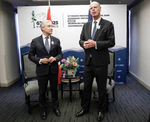 May 21, 2025, Banff, Ab, CANADA: Canada s Finance Minister Francois-Philippe Champagne, left, and France s Minister of Economics and Finance Eric Lombard chat during a bilateral meeting at the G7 Finance Ministers meeting in Banff, Alta., Wednesday, May 21, 2025. Banff CANADA - ZUMAc35_ 20250521_zaf_c35_036 Copyright: xJeffxMcintoshx