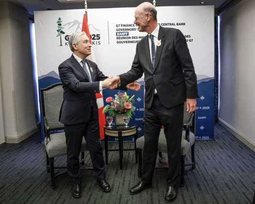 May 21, 2025, Banff, Ab, CANADA: Canada s Finance Minister Francois-Philippe Champagne, left, and France s Minister of Economics and Finance Eric Lombard shake hands during a bilateral meeting at the G7 Finance Ministers meeting in Banff, Alta., Wednesday, May 21, 2025. Banff CANADA - ZUMAc35_ 20250521_zaf_c35_037 Copyright: xJeffxMcintoshx