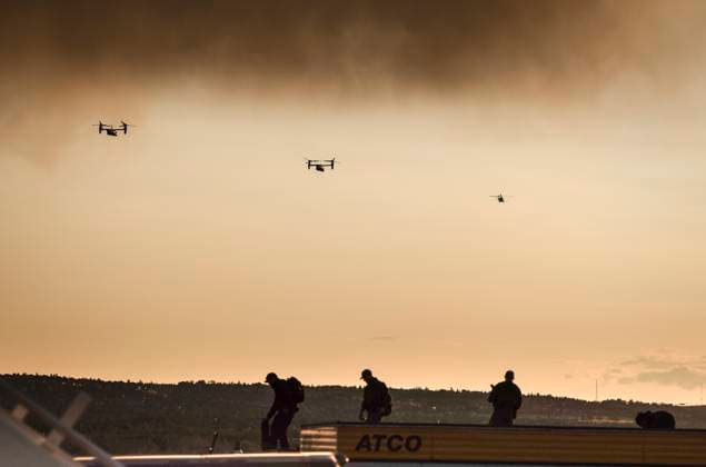 June 15, 2025, Calgary, Ab, CANADA: Marine One flies with U.S. President Donald Trump aboard, escorted by U.S. military V-22 Osprey tilt-rotor aircraft in Calgary, Alta., Sunday, June 15, 2025, to attend the G7 Leaders meeting taking place in Kananaskis. Calgary CANADA - ZUMAc35_ 20250615_zaf_c35_244 Copyright: xJeffxMcintoshx