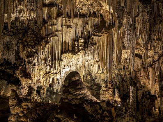 Cueva de Nerja, beleuchtete Höhle, große Stalagmiten und Stalagtiten, Nerja, Andalusien, Spanien, Europa Cueva de Nerja, illuminated cave, large stalagmites and stalagtites, Nerja, Andalusia, Spain, Europe Copyright: imageBROKER AndreasxWerth ibxawe13962678.jpg
