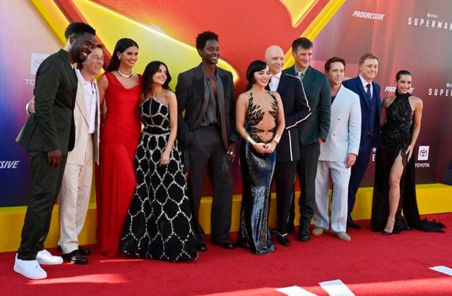 Cast members Christopher McDonald, Skyler Gisondo, Sara Sampaio, Mikaela Hoover, Edi Gathegi, Isabela Merced, Anthony Carrigan, Nathan Fillion, Beck Bennett, Alan Tudyk, Maria Gabriela de Faria (L-R) attend the premiere of the sci-fi motion picture Superman at the TCL Chinese Theatre in the Hollywood section of Los Angeles on Monday, July 7, 2025. Storyline: Superman must reconciles his alien Kryptonian heritage with his human upbringing as reporter Clark Kent. As the embodiment of truth, justice and the human way he soon finds himself in a world that views these as old-fashioned. Superman must reconcile his alien Kryptonian heritage with his human upbringing as reporter Clark Kent. As the embodiment of truth, justice and the human way he LAP20205070713 JIMxRUYMEN