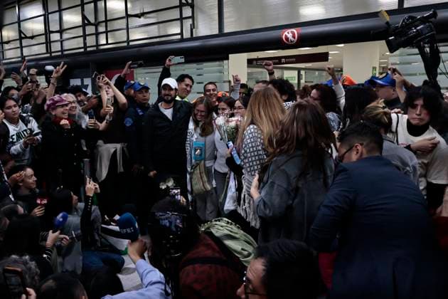 October 8, 2025, Mexico, Cdmx, Mexico: This Wednesday, SOL GONZALEZ EGUIA, ERNESTO LEDESMA ARRONTE, ARLIN MEDRANO GUZMAN, CARLOS PEREZ OSORIO, DIEGO VAZQUEZ GALINDO, and LAURA ALEJANDRA VELEZ RUIZ GAITAN arrived repatriated after being intercepted and detained by the State of Israel while attempting to deliver aid to the Palestinian people on the SUMUD Global Flotilla. The Mexican government, through the Ministry of Foreign Affairs (SRE), was responsible for the accompaniment and repatriation of these activists for their arrival at Mexico City International Airport Mexico Mexico - ZUMAp204 20251008_zip_p204_009 Copyright: xJosuexPerezx
