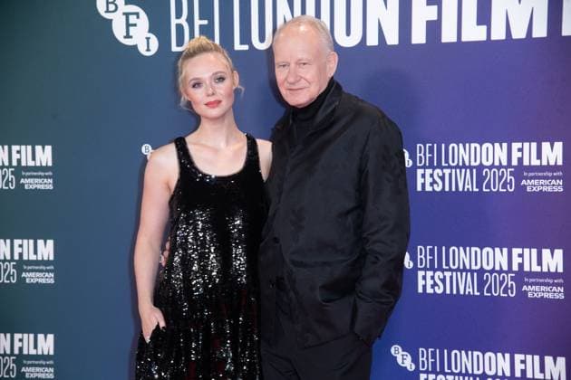 London Film Festival 2025 - Sentimental Value Arrivals at Royal Festival Hall, Southbank, London Elle Fanning and Stellan Skarsgard attends the Headline Gala of Sentimental Value at The 69th BFI London Film Festival at Royal Festival Hall, Southbank, London, England, UK on Sunday 12 October, 2025., Credit:Justin Ng Avalon UK, England, London, Royal Festival Hall, Southbank Copyright: xJustinxNgx xAvalonx 1045056299