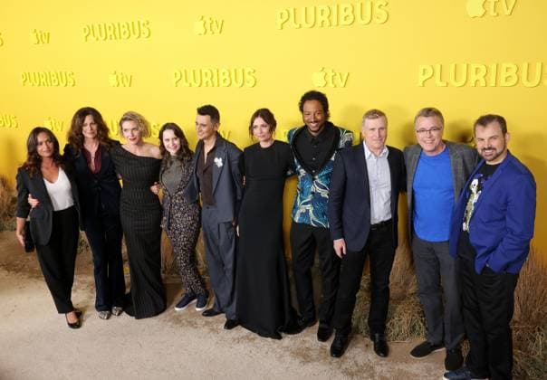Co-executive producer Trina E. Siopy, executive producer Alison Tatlock, Rhea Seehorn, writer co-executive producer Jenn Carroll, Carlos-Manuel Vesga, Karolina Wydra, Samba Schutte, executive producer Jeff Frost, creator writer director executive producer Vince Gilligan and writer director executive producer Gordon Smith attend the world premiere of the Apple TV series Pluribus at the DGA Theater on Tuesday, November 4, 2025. Pluribus will make its global debut on Apple TV with its first two episodes on Friday, November 7, 2025, followed by new episodes every Friday through December 26. Storyline: The most miserable person on Earth must save the world from happiness. LAP20251104901 GREGxGRUDT