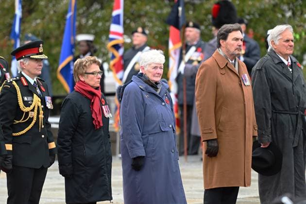 November 11, 2025, Ottawa, On, Canada: National Silver Cross Mother, Mrs. Nancy Payne, of Lansdowne, Ont.,, centre, looks on during a Remembrance Day ceremony in Ottawa on Tuesday, Nov. 11, 2025. Ottawa Canada - ZUMAc35_ 20251111_zaf_c35_029 Copyright: xSpencerxColbyx