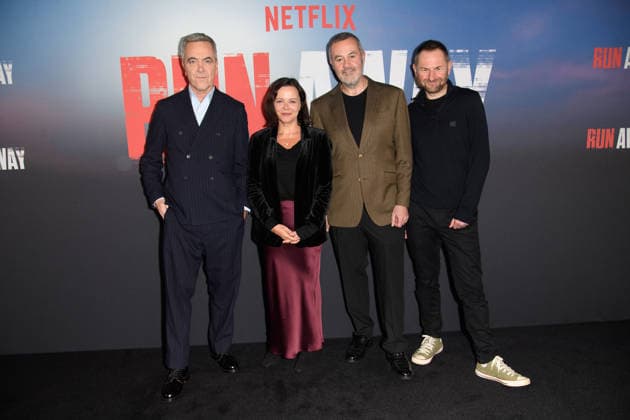 Harlan Coben s Run Away BFI Launch Event Arrivals at BFI Southbank, London (L-R) - James Nesbitt, Executive Producer Nicola Shindler, Executive Producer Richard Fee, Writer Executive Producer Danny Brocklehurst attends Harlan Coben s Run Away launch event at BFI Southbank, London, England, UK on Monday 1 December, 2025., Credit:Justin Ng Avalon UK, England, London, BFI Southbank Copyright: xJustinxNgx xAvalonx 1055873086
