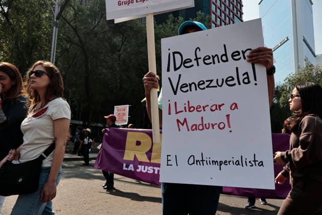 January 10, 2026, Mexico City, Cdmx, Mexico: Mexican protesters and social organizations are demonstrating against the actions of US President DONALD TRUMP against Venezuela and its former president, NICOLAS MADURO. With posters, giant banners, and Venezuelan flags, they are showing their support for MADURO and his vice president, DELCY RODRIGUEZ, who has assumed the presidency due to the country s situation. Chanting slogans like Yankees out of Latin America and Trump, imperialist terrorist, the protesters are demanding the immediate release of NICOLAS MADURO, whom they claim is being held captive by DONALD TRUMP. This comes as protests against these actions spread worldwide, with many believing TRUMP S true objective is to seize V - ZUMAp204 20260110_zip_p204_010 Copyright: xJosuexPerezx