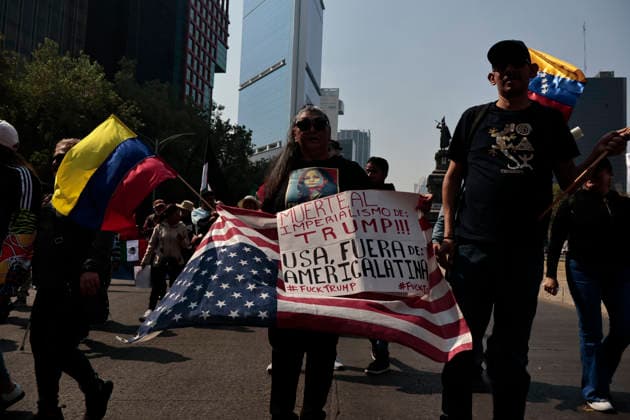 January 10, 2026, Mexico City, Cdmx, Mexico: Mexican protesters and social organizations are demonstrating against the actions of US President DONALD TRUMP against Venezuela and its former president, NICOLAS MADURO. With posters, giant banners, and Venezuelan flags, they are showing their support for MADURO and his vice president, DELCY RODRIGUEZ, who has assumed the presidency due to the country s situation. Chanting slogans like Yankees out of Latin America and Trump, imperialist terrorist, the protesters are demanding the immediate release of NICOLAS MADURO, whom they claim is being held captive by DONALD TRUMP. This comes as protests against these actions spread worldwide, with many believing TRUMP S true objective is to seize V - ZUMAp204 20260110_zip_p204_016 Copyright: xJosuexPerezx