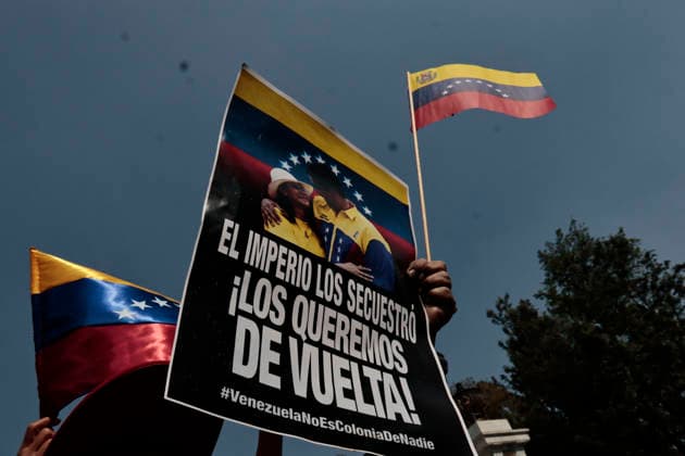 January 10, 2026, Mexico City, Cdmx, Mexico: Mexican protesters and social organizations are demonstrating against the actions of US President DONALD TRUMP against Venezuela and its former president, NICOLAS MADURO. With posters, giant banners, and Venezuelan flags, they are showing their support for MADURO and his vice president, DELCY RODRIGUEZ, who has assumed the presidency due to the country s situation. Chanting slogans like Yankees out of Latin America and Trump, imperialist terrorist, the protesters are demanding the immediate release of NICOLAS MADURO, whom they claim is being held captive by DONALD TRUMP. This comes as protests against these actions spread worldwide, with many believing TRUMP S true objective is to seize V - ZUMAp204 20260110_zip_p204_040 Copyright: xJosuexPerezx