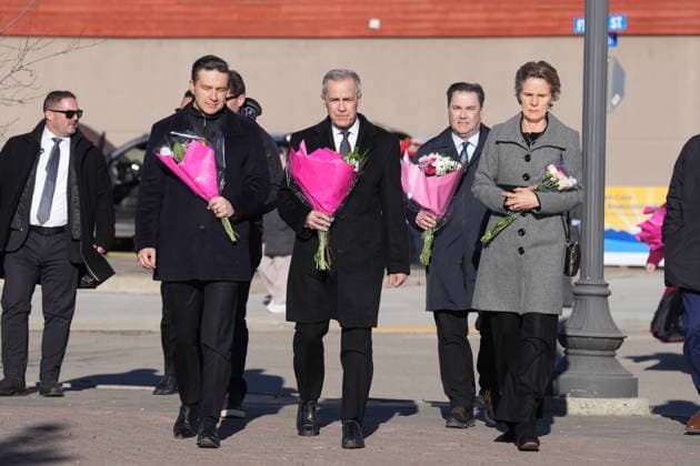 February 13, 2026, Tumbler Ridge, Bc, CANADA: Conservative Leader Pierre Poilievre, left to right, Prime Minister Mark Carney, NDP interim Leader Don Davies and Diana Fox Carney arrive at a memorial for the victims of a mass shooting, in Tumbler Ridge, B.C., Friday, Feb. 13, 2026. Tumbler Ridge CANADA - ZUMAc35_ 20260213_zaf_c35_136 Copyright: xChristinnexMuschix