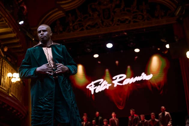 Félix Ramiro presents his new collection at OMODA Madrid es Moda A model during a fashion show presenting the new collection of Félix Ramiro, at the Teatro Magno, on March 14, 2026, in Madrid Spain The firm founded by Félix Ramiro presents its new collection at OMODA Madrid es Moda Félix Ramiro is a mens design firm with more than three decades of experience, recognized for its combination of avant-garde, tradition and craftsmanship, tradition and craftsmanship Specializing in suits for groom, ceremony, executive and sport, stands out for the quality and precision of its garments Its founder, Felix Ramiro, discovered his vocation as a tailor in the 80s and, after training and obtaining national recognition, started in 1988 a brand that tod Copyright: xJesusxHellinx 7365724