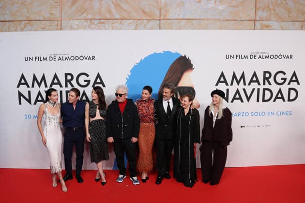 March 19, 2026, Madrid, Madrid, Spain: Spanish director PEDRO ALMODOVAR (4rd-L) and the star studded ensemble cast of his latest feature film AMARGA NAVIDAD (BITTER CHRISTMAS) pose at the red carpet held at the Real Casino de Madrid. This movie marks the 24th feature film in the career of the two time Academy Award winner, cementing his status as the most influential figure in Spanish cinematography history. The production by EL DESEO features a prestigious cast including BARBARA LENNIE, LEONARDO SBARAGLIA, AITANA SANCHEZ GIJON, VICTORIA LUENGO, PATRICK CRIADO, MILENA SMIT, and QUIM GUTIERREZ, with special appearances by ROSSY DE PALMA, CARMEN MACHI, and GLORIA MUNOZ. The film explores the thin line between reality and autofiction. The thea - ZUMAo127 20260319_zep_o127_092 Copyright: xHugoxOrtunox
