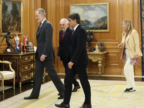 King Felipe VI receives in audience the President of the ECHR, Mattias Guyomar The King, Felipe VI, accompanied by the President of the Constitutional Court, Cándido Conde Pumpido 2i , and the President of the Supreme Court and the General Council of the Judiciary, Isabel Perelló d , receives in audience the President of the European Court of Human Rights ECHR , Mattias Guyomar 2d , at La Zarzuela Palace, on April 29, 2026, in Madrid Spain Don Felipe receives Mattias Guyomar, President of the European Court of Human Rights, at La Zarzuela Palace, on his first official visit to Spain since taking office in May 2025 29 APRIL 2026 Marta Ferná Madrid Madrid Spain Copyright: xMartaxFernandezx 7482874