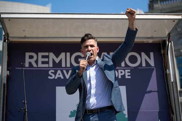July 15, 2026, Brussels, Belgium: BRUSSELS, BELGIUM †JULY 2026: Far-right activists Martin Sellner, Eva Vlaardingerbroek, Dries Van Langenhove, Andrea Ballarati and Lucy White joined MEPs Dominik TarczyAski, Sebastian Tynkkynen, Geadis Geadi and 200 participants at the Save Europe Act rally in Place du Luxembourg on Wednesday. They later marched to the entrance of the European Parliament, where organizers symbolically delivered more than 500,000 printed signatures supporting their Save Europe Act initiative in a wheelbarrow. JNA Press. Brussels Belgium - ZUMAq101 20260715_zna_q101_165 Copyright: xRaduxIonescux